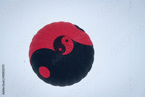 A black and red hot air balloon with a yin yang symbol on it