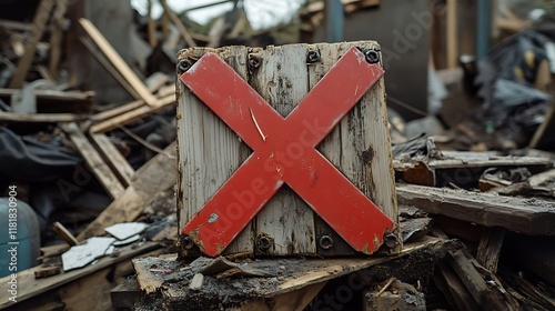Red X on wood amidst rubble.