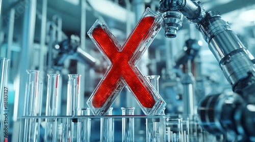 Red X rejection symbol in futuristic lab.