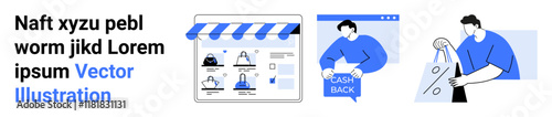 Shopfront webpage with e-commerce icons, person receiving cashback on website, individual holding shopping bags. Ideal for online retail, web interfaces, digital marketing, customer rewards, mobile