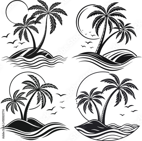 Island Serenity: Palm and Waves Design Set