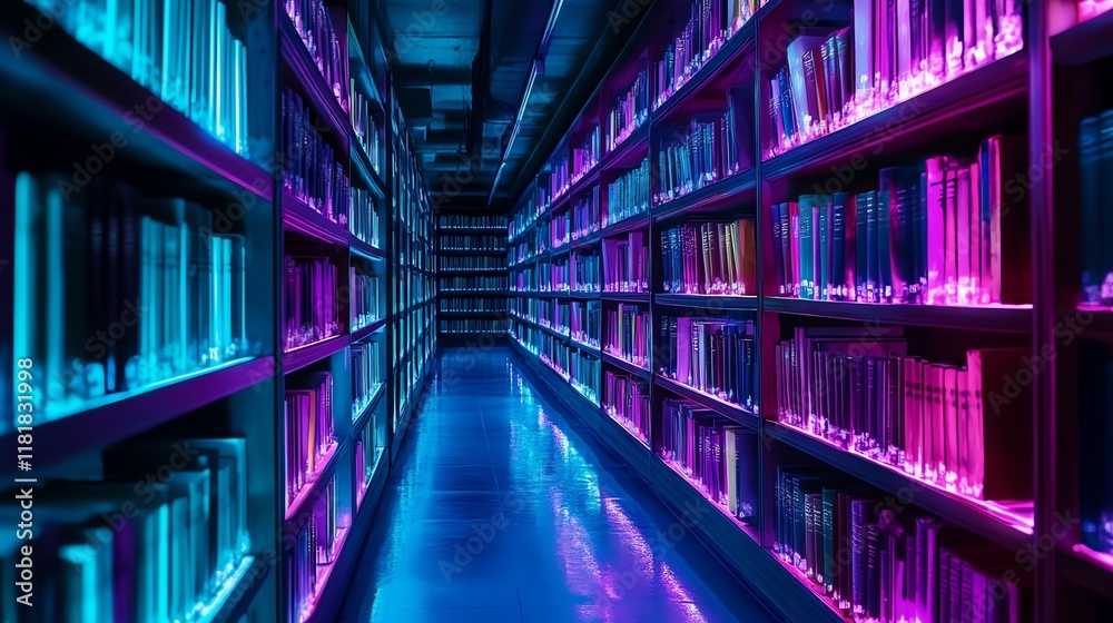 Neon Lights Create Vibrant Atmosphere in Modern Library Space Neon Lights Create Vibrant Atmosphere in Modern Library Space