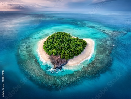 Aerial View of a Tropical Island with Lush Greenery Surrounded by Crystal Clear Blue Waters and Soft Sandy Beaches Under a Beautiful Sky