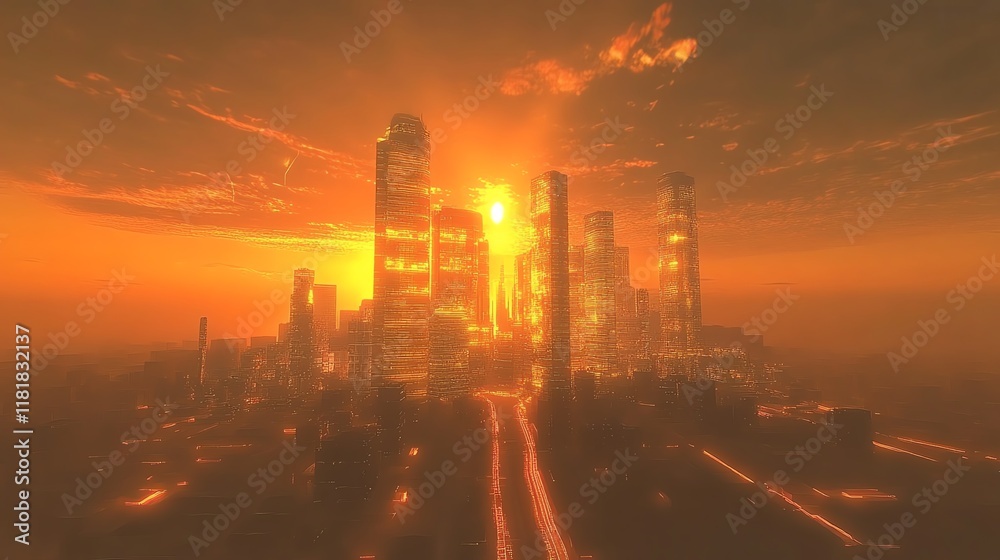 Fototapeta premium Golden Hour Urban Skyline with Dramatic Sunlight and Clouds