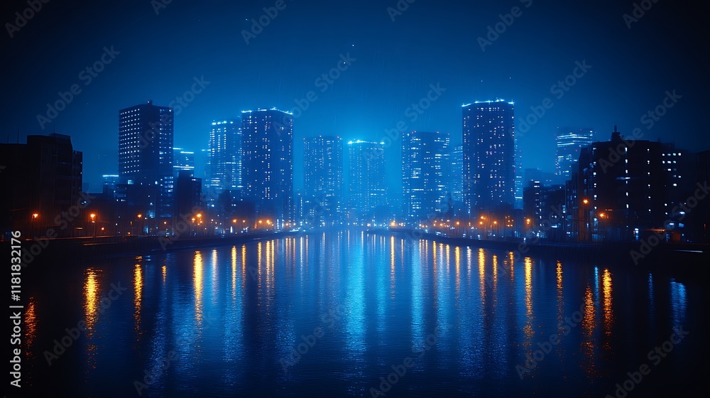 Fototapeta premium Night cityscape reflected in calm water.