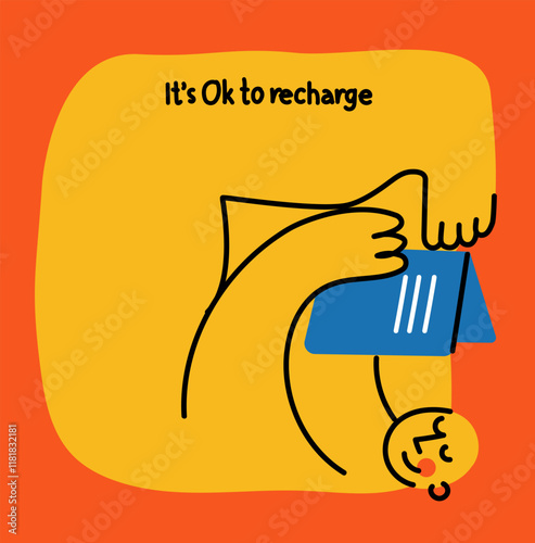 Mental health, psychology concept. Self love, mind care, help, acceptance. It's Ok to recharge. Cute disproportionate isolated character inscribed in a bottle, vector illustration