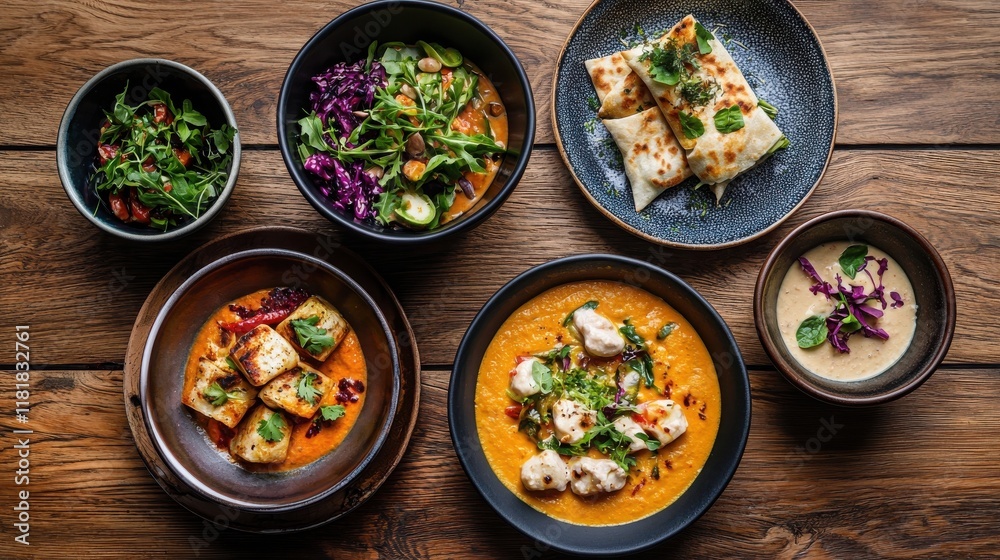 The goal of life is growth and health. Colorful dishes arranged on wooden table showcasing diverse cuisines. The goal of life is growth and health. Colorful dishes arranged on wooden table showcasing diverse cuisines.