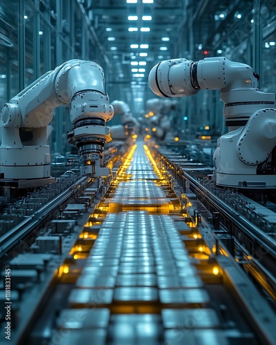 Automated robotic assembly line in factory. (2)