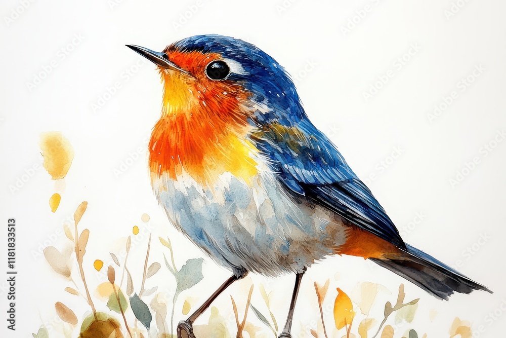 Obraz premium Vibrant blue and orange bird perched among soft foliage in a serene natural setting