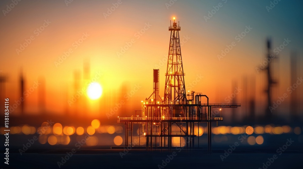 Obraz premium Oil drilling economic chart analysis at sunset oil rig