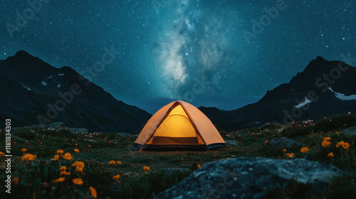 A tent glows under a breathtaking of stars, Camping at night photo