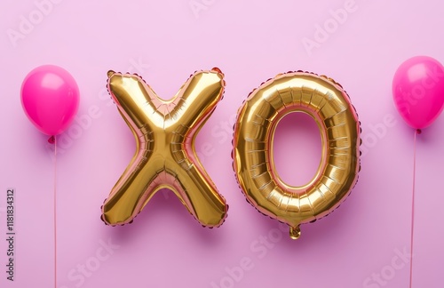 Pink XO and Heart Balloons on Pastel Background – Love and Valentine’s Day Theme

