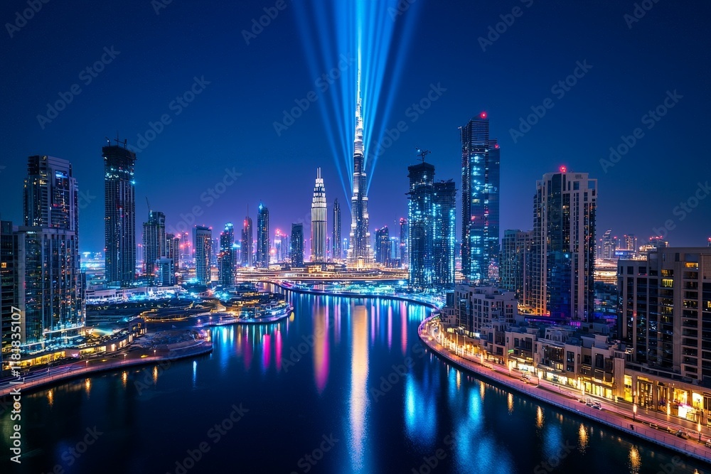 Fototapeta premium Stunning High-Rise Skyline at Night Showcasing Bright Illuminating Beams of Light Reflecting Off Water in a Vibrant Urban Landscape