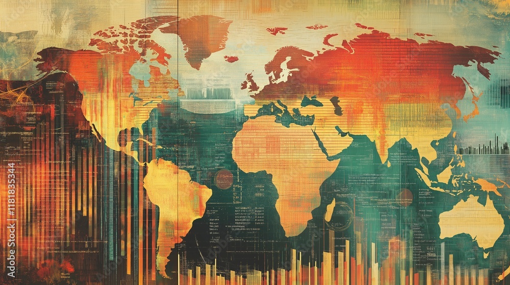 Fototapeta premium Abstract visualization of global data and analytics represented through artistic world map with warm tones and creative design.