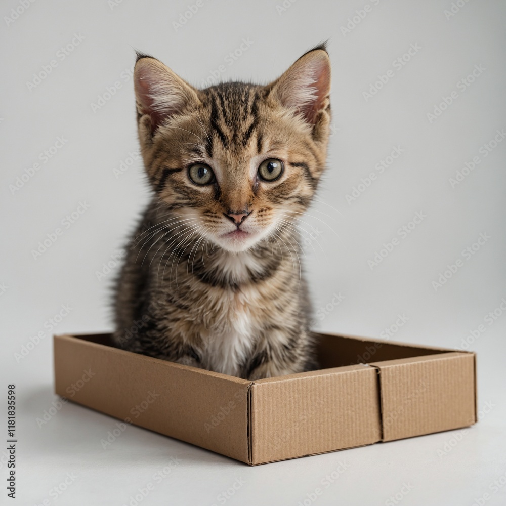 A curious tabby kitten exploring a tiny cardboard box on a pristine white background. A curious tabby kitten exploring a tiny cardboard box on a pristine white background.