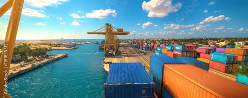 cargo management delivery optimization concept. Vibrant port scene with colorful containers and a crane, set against a bright blue sky and tranquil waters. photo