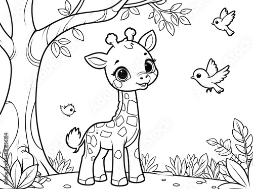 Adorable Baby Giraffe Coloring Page: A Cute Safari Scene photo