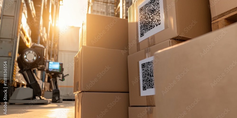 Fototapeta premium cargo management delivery optimization concept. Boxes stacked in a warehouse with QR codes, illuminated by warm light, suggesting logistics and storage solutions.