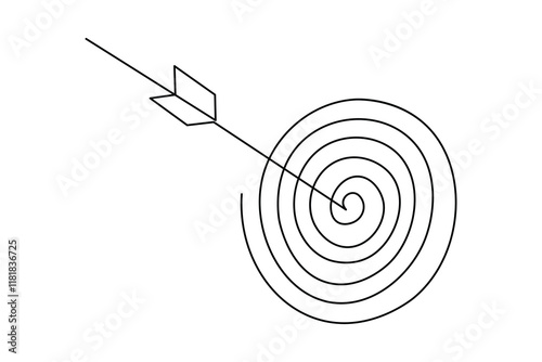 Target with arrow continuous one line drawing and business icon isolated outline flat illustration