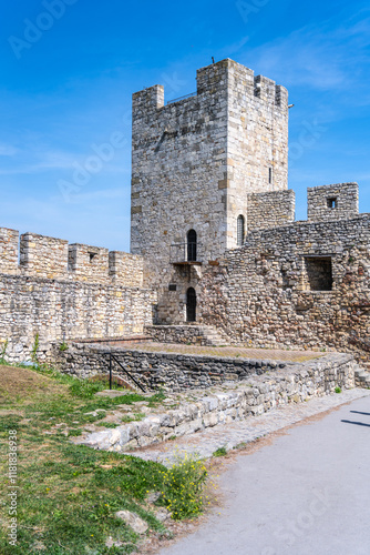 The historic Dizdar Tower stands prominently in the Belgrade Fortress complex, showcasing ancient stonework against a clear blue sky, inviting exploration of its resilient architecture. photo