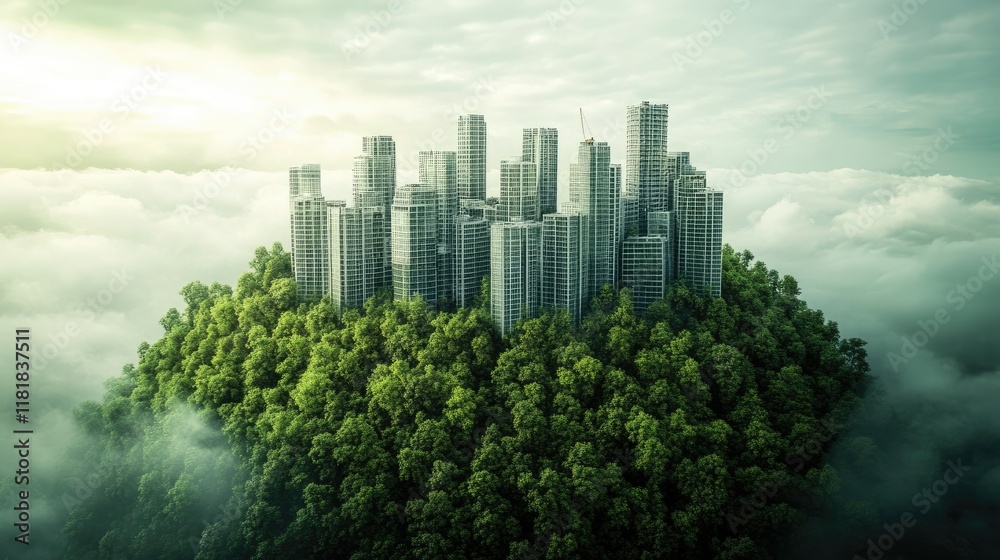 Obraz premium A symbolic representation of urban growth emerging seamlessly from a lush forest