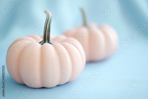 Two soft pink pumpkins on a light blue background, ideal for autumn-themed decor, seasonal celebrations, or festive arrangements, showcasing unique color and texture photo