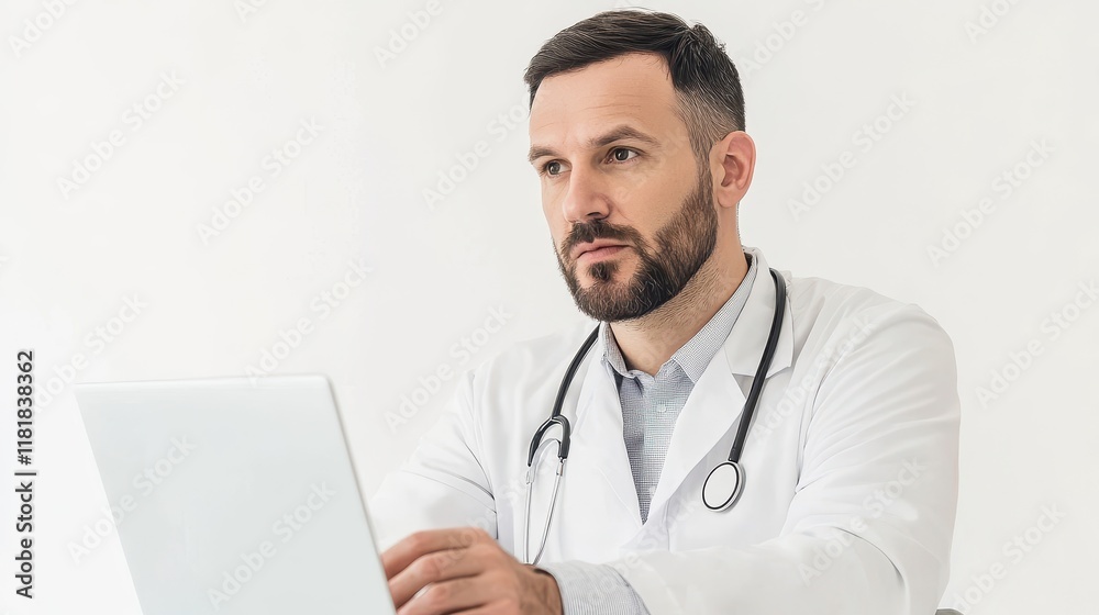 Focused Doctor Working on Laptop in Clinic Setting Focused Doctor Working on Laptop in Clinic Setting