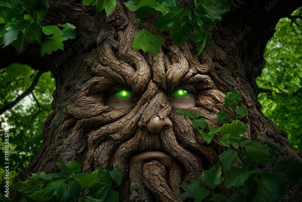 Towering Ancient Oak Spirit Emerging from Its Trunk with Wise Green Eyes Surrounded by Lush Leaves in a Mystical Forest Setting Towering Ancient Oak Spirit Emerging from Its Trunk with Wise Green Eyes Surrounded by Lush Leaves in a Mystical Forest Setting