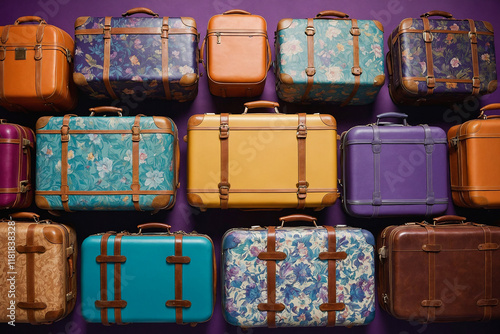 colorful suitcases on purple background, travel and adventure concept photo