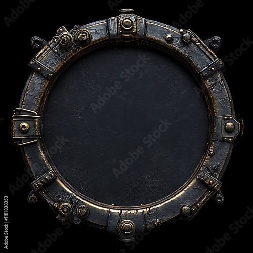 Round, dark bronze steampunk frame with blank chalkboard center.