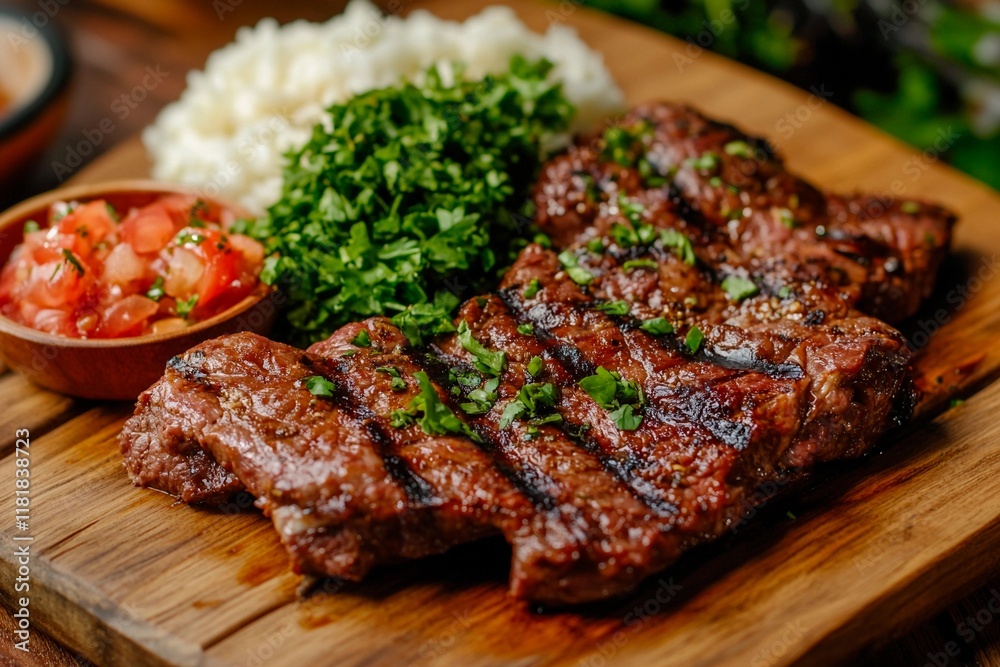 Grilled steak served with rice, fresh cilantro, and tomato salsa on a rustic wooden board