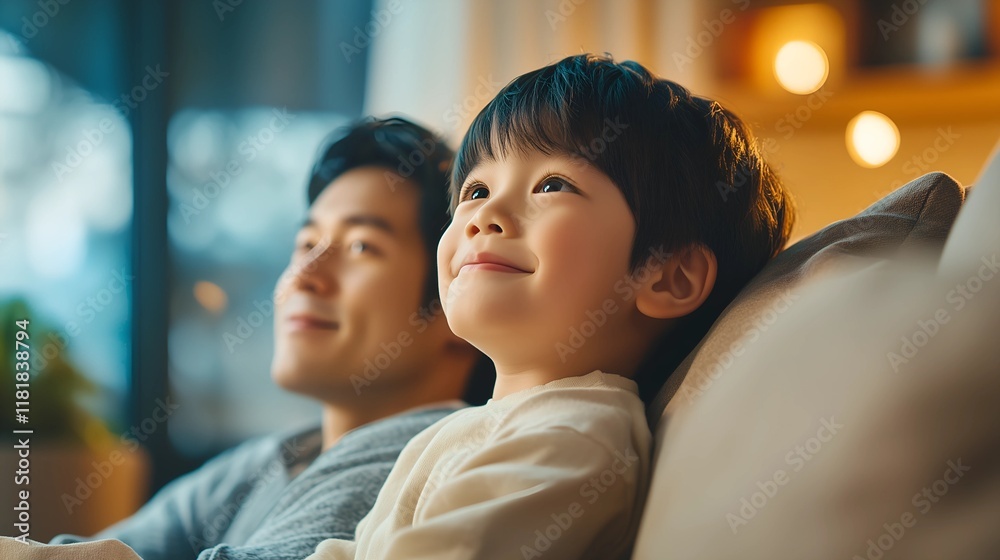 Heartwarming Asian Family Bonding in a Cozy Living Room with Warm Lighting