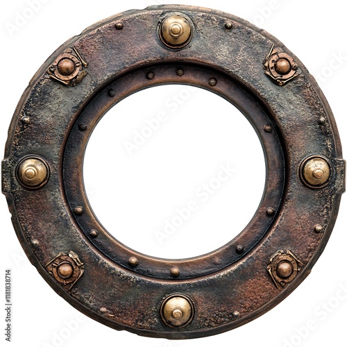 Round metallic frame with rivets and bronze accents.