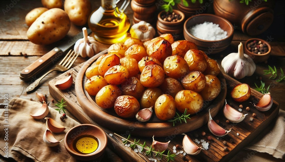 A rustic setting highlighting roasted golden baby potatoes accompanied by garlic cloves, fresh herbs, and coarse salt. Perfect depiction of hearty, home-cooked comfort food with warm, inviting tones.
A rustic setting highlighting roasted golden baby potatoes accompanied by garlic cloves, fresh herbs, and coarse salt. Perfect depiction of hearty, home-cooked comfort food with warm, inviting tones.