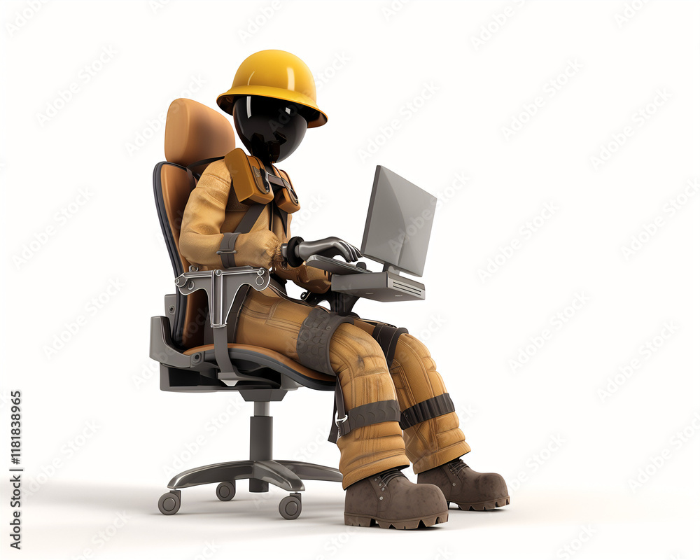 Naklejka premium Construction Worker Illustration with Laptop in Office Chair, Technology and Industry Concepts