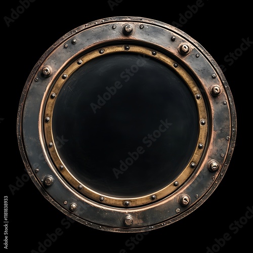 Round, dark bronze steampunk frame with blank chalkboard center.