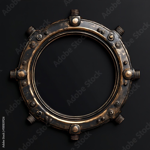 Round steampunk porthole frame on dark background.
