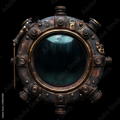 Round steampunk porthole with dark interior view.