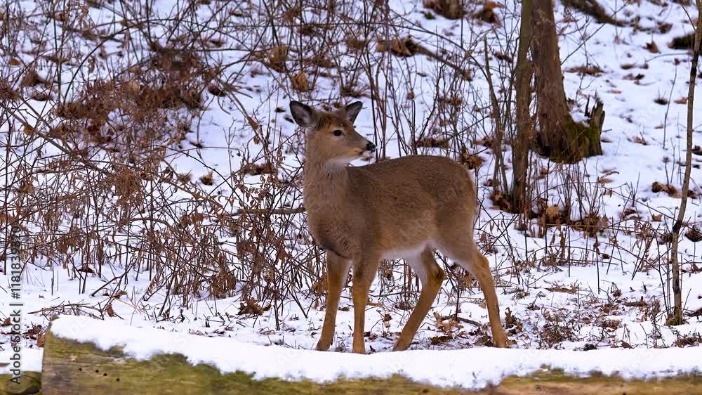 Whitetail deer during a snowy winter in Windsor in Upstate NY. Deer brave the cold and snow here in woods around our home. Whitetail deer during a snowy winter in Windsor in Upstate NY. Deer brave the cold and snow here in woods around our home.