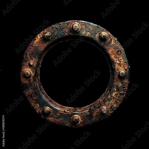 Rusted metal circle frame on black background.