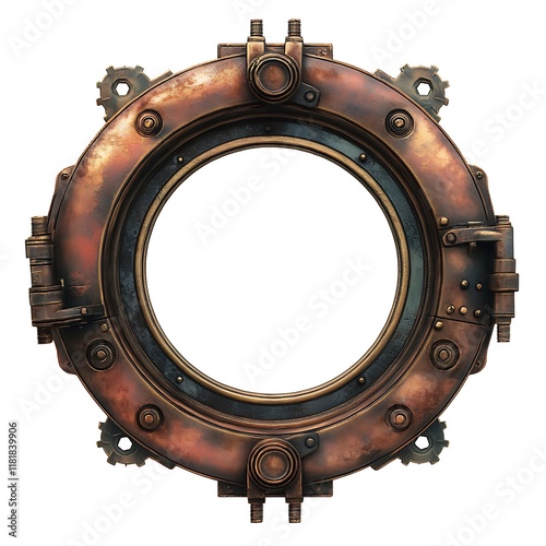 Rustic copper steampunk porthole window frame.