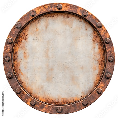Rusty circular metal plate with rivets.