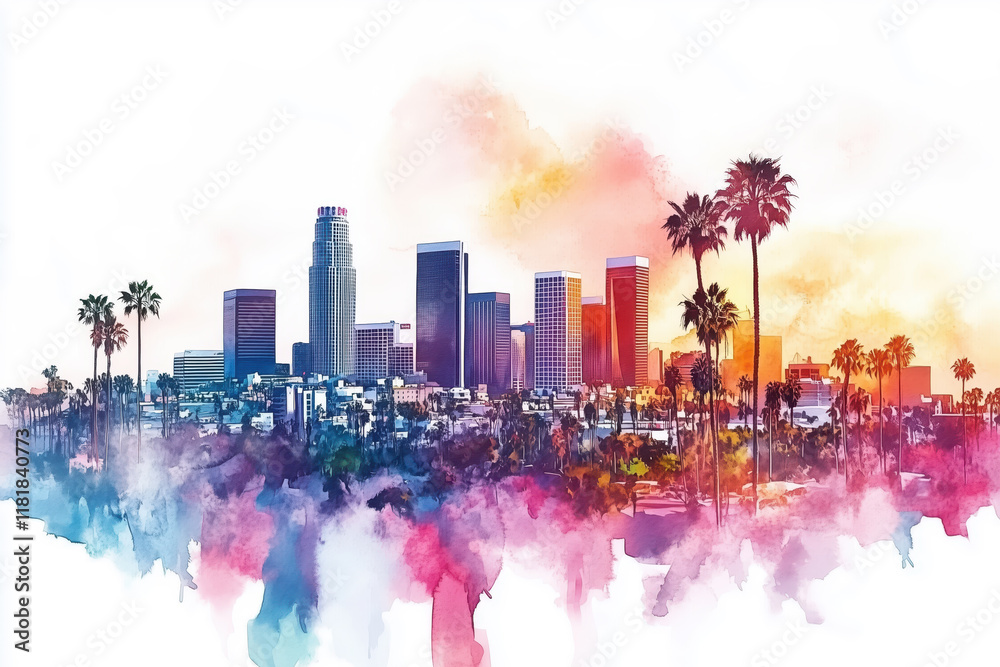 custom made wallpaper toronto digitalVibrant watercolor illustration of Los Angeles skyline with palm trees at sunset