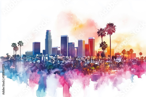 Wallpaper Mural Vibrant watercolor illustration of Los Angeles skyline with palm trees at sunset Torontodigital.ca