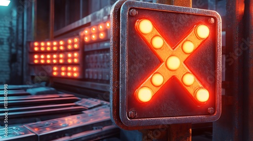 Rusty industrial sign with glowing red X.