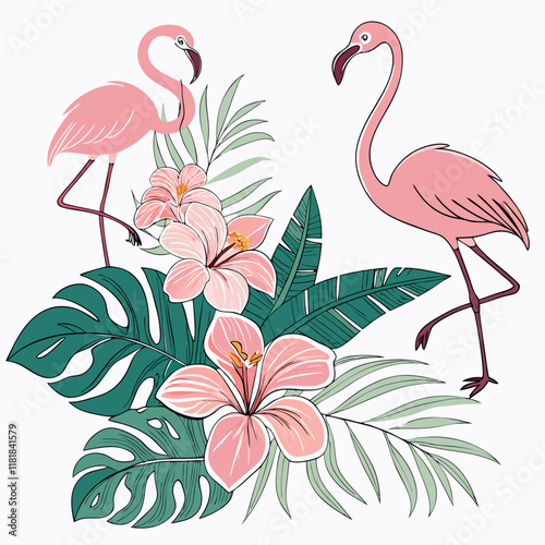 Tropical flower and flamingos on white background. Vector illustration.