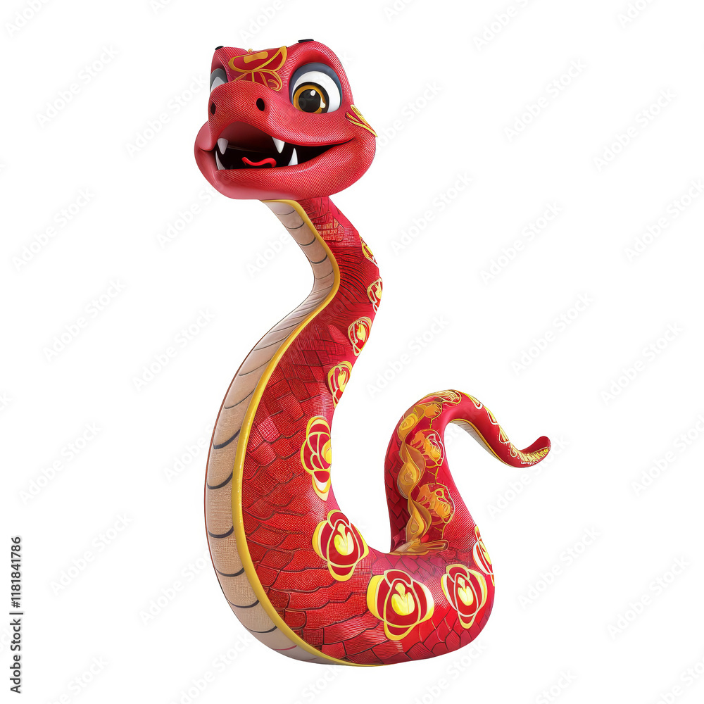Obraz premium A friendly red snake with a gold patterned design, smiling and looking up, isolated on a black background.