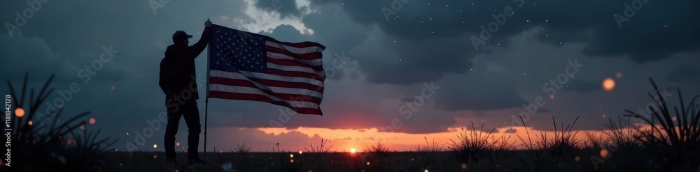 Obraz premium Silhouetted American flag against a dark gray sky with stars and sparks at dusk , stars, patriotic colors