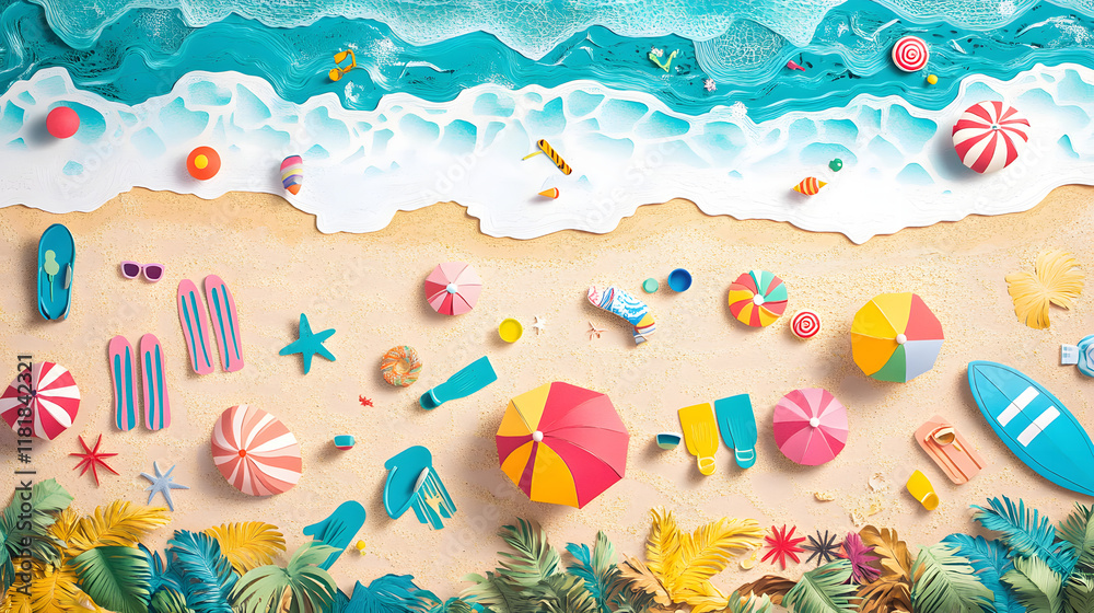 Fototapeta premium Top View of Summer Beach with Umbrellas, Balls, Swim Ring, Sunglasses, and Accessories in Paper Craft Style.
