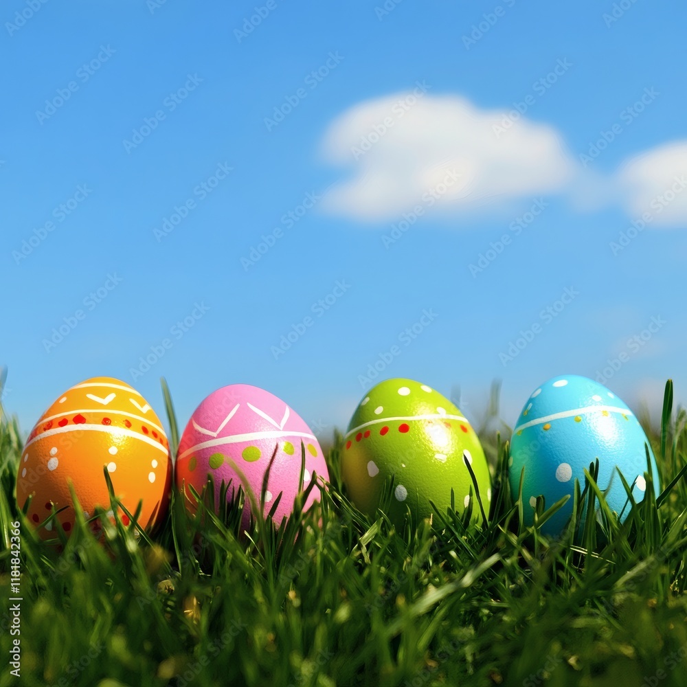 Fototapeta premium colorful easter eggs in green grass under blue sky background